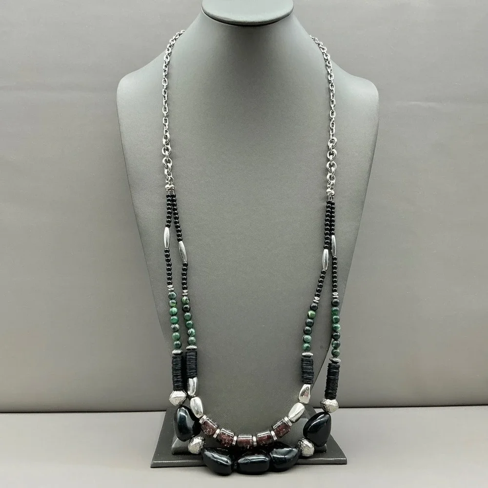 Chicos Beaded Layered Necklace Black Silver Tone Green Multi Strand Statement